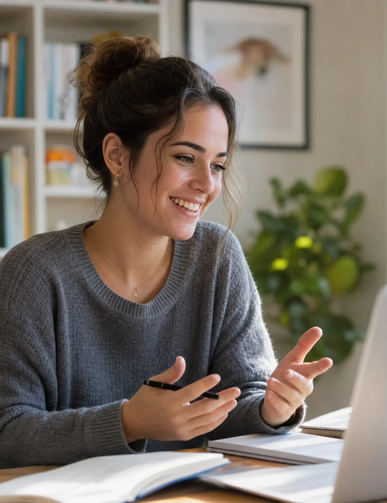 A female online tutor smiling and gesturing during a live video lesson