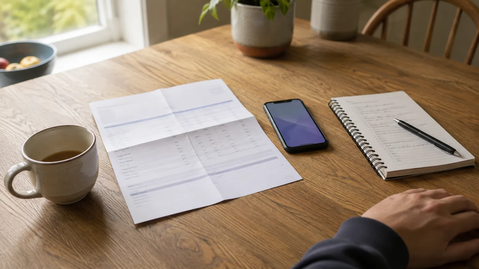 A statement of results slip on a kitchen table beside a phone and a notepad listing next steps