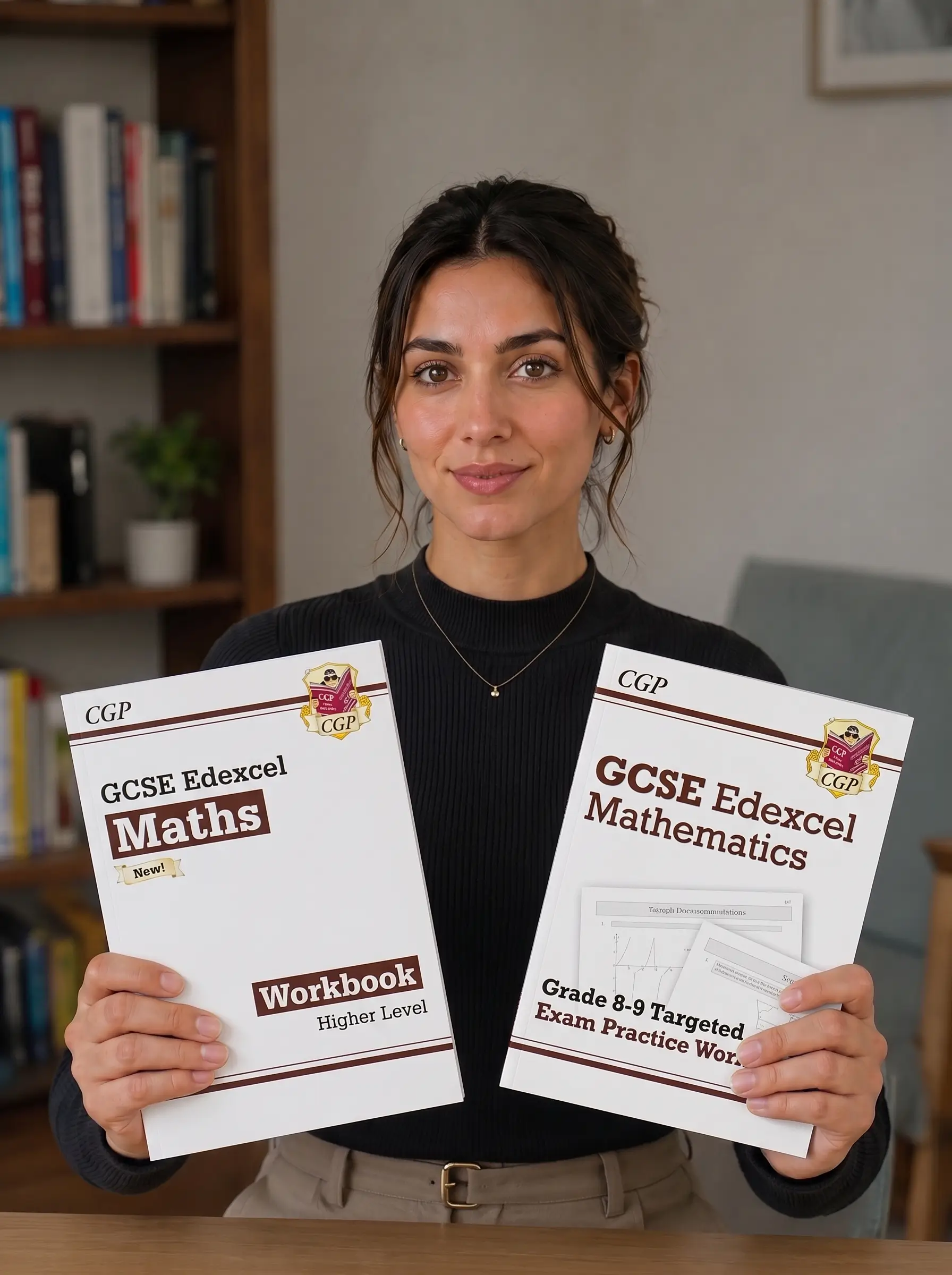 A Maths tutor holding an Edexcel GCSE Maths Higher tier workbook and a grade 8–9 targeted exam practice workbook