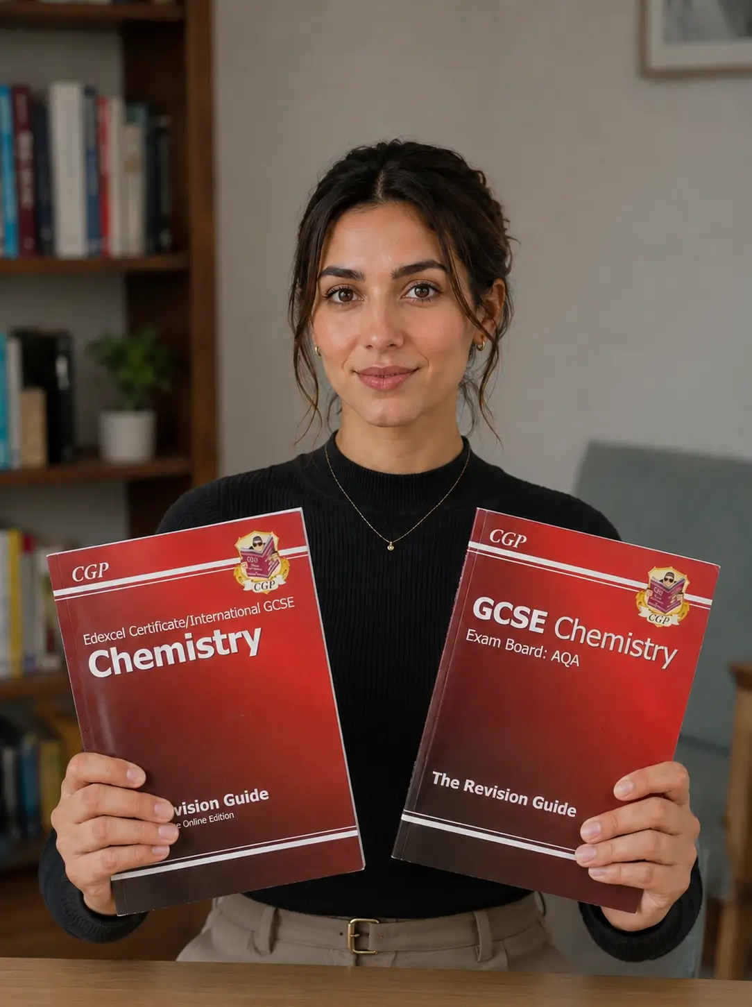 A Chemistry tutor holding AQA GCSE Chemistry and Edexcel International GCSE Chemistry revision guides