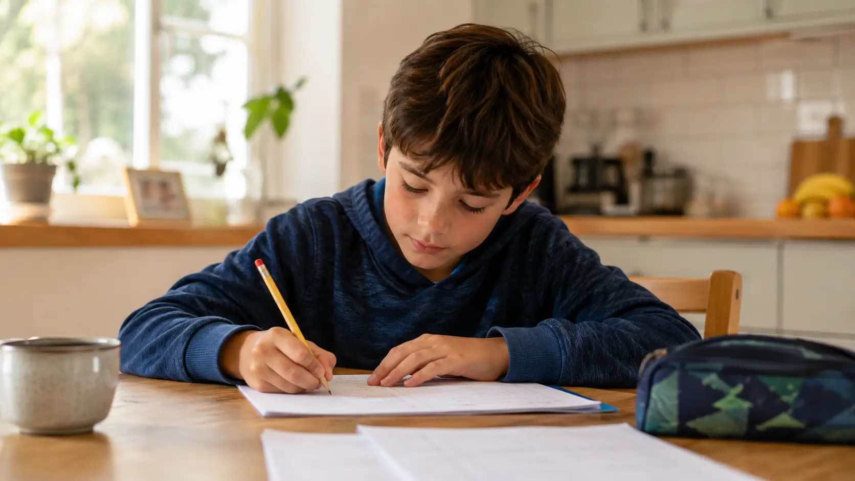 A Year 5 child working through verbal reasoning practice questions with a pencil at a kitchen table