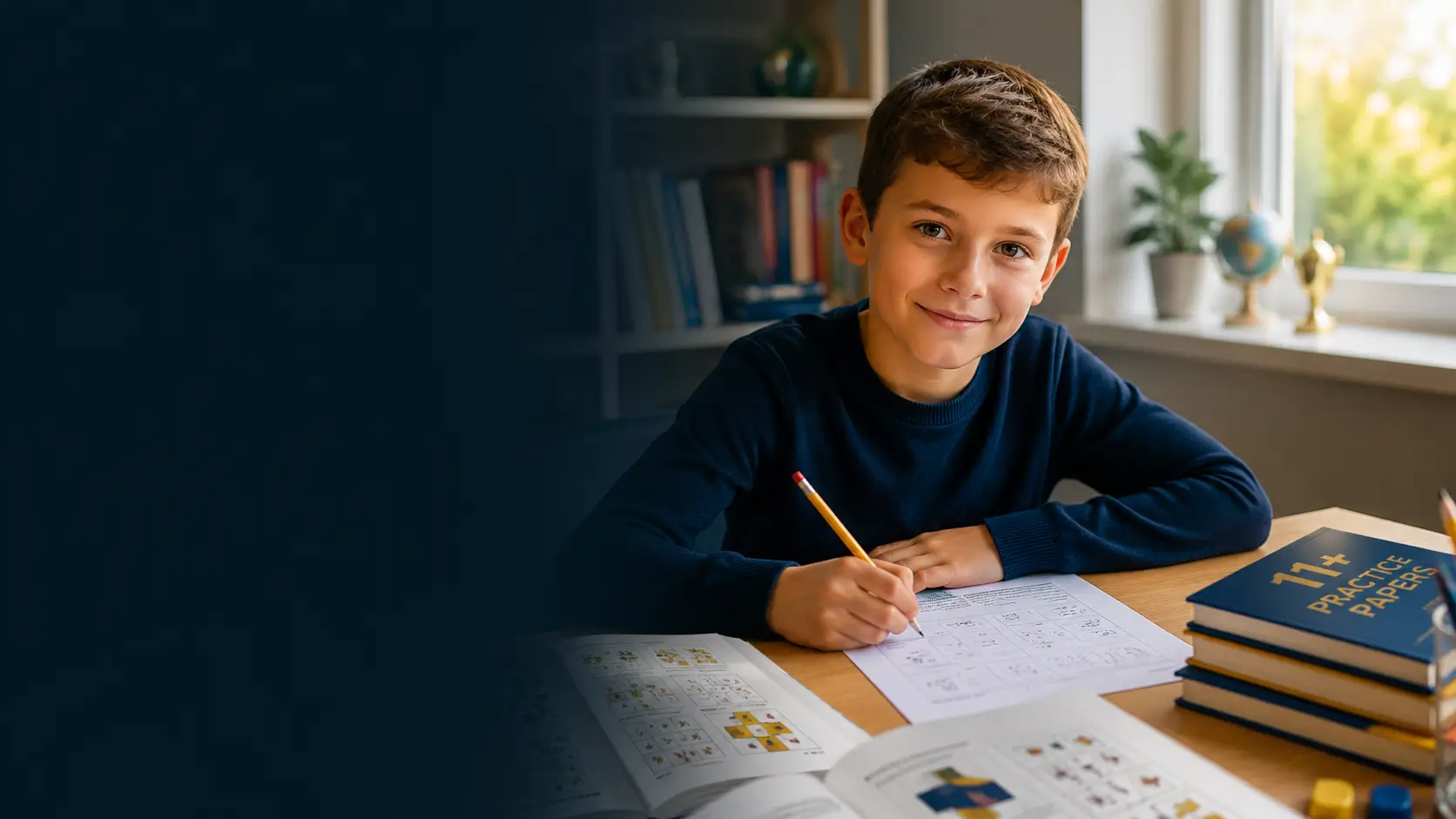 A bright UK primary school student sitting at a desk with puzzle books and practice papers