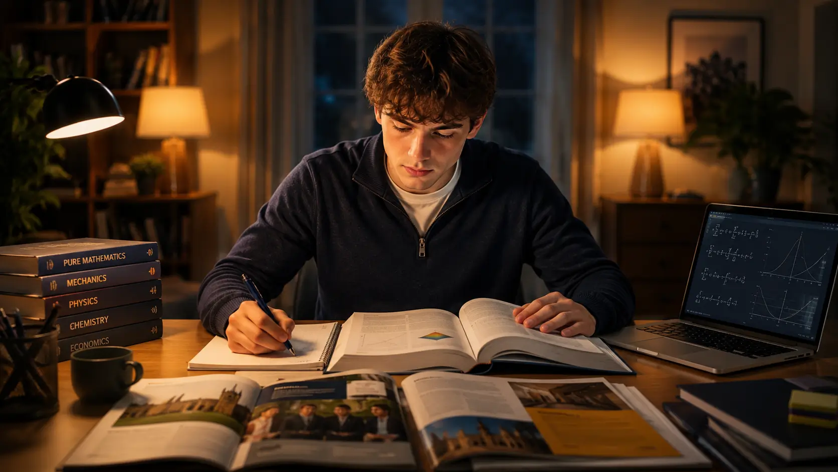 A determined UK sixth form student studying advanced textbooks at a desk