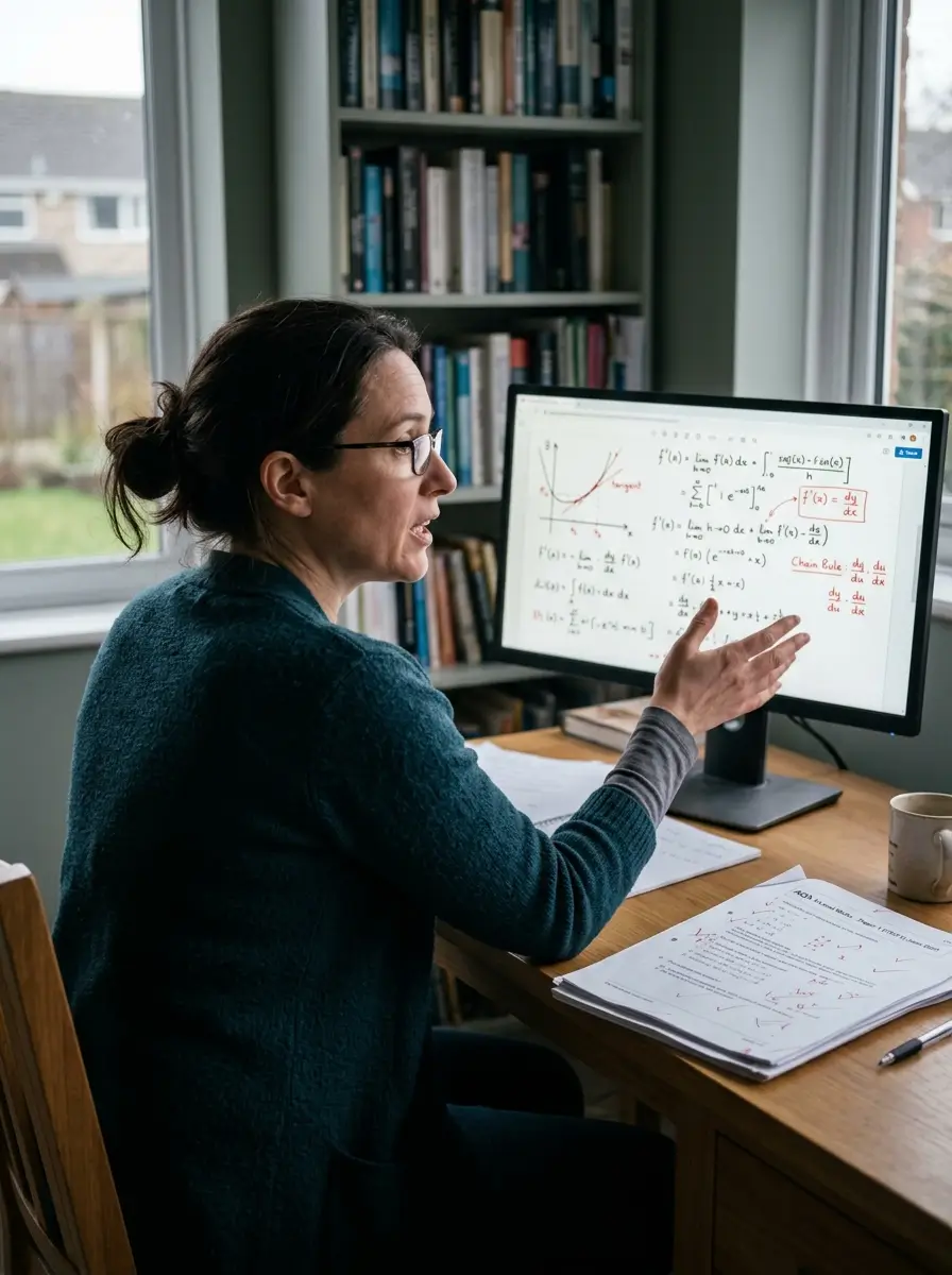 A specialist A-Level tutor mid-explanation at her desk, gesturing at a shared whiteboard of calculus working during an online lesson