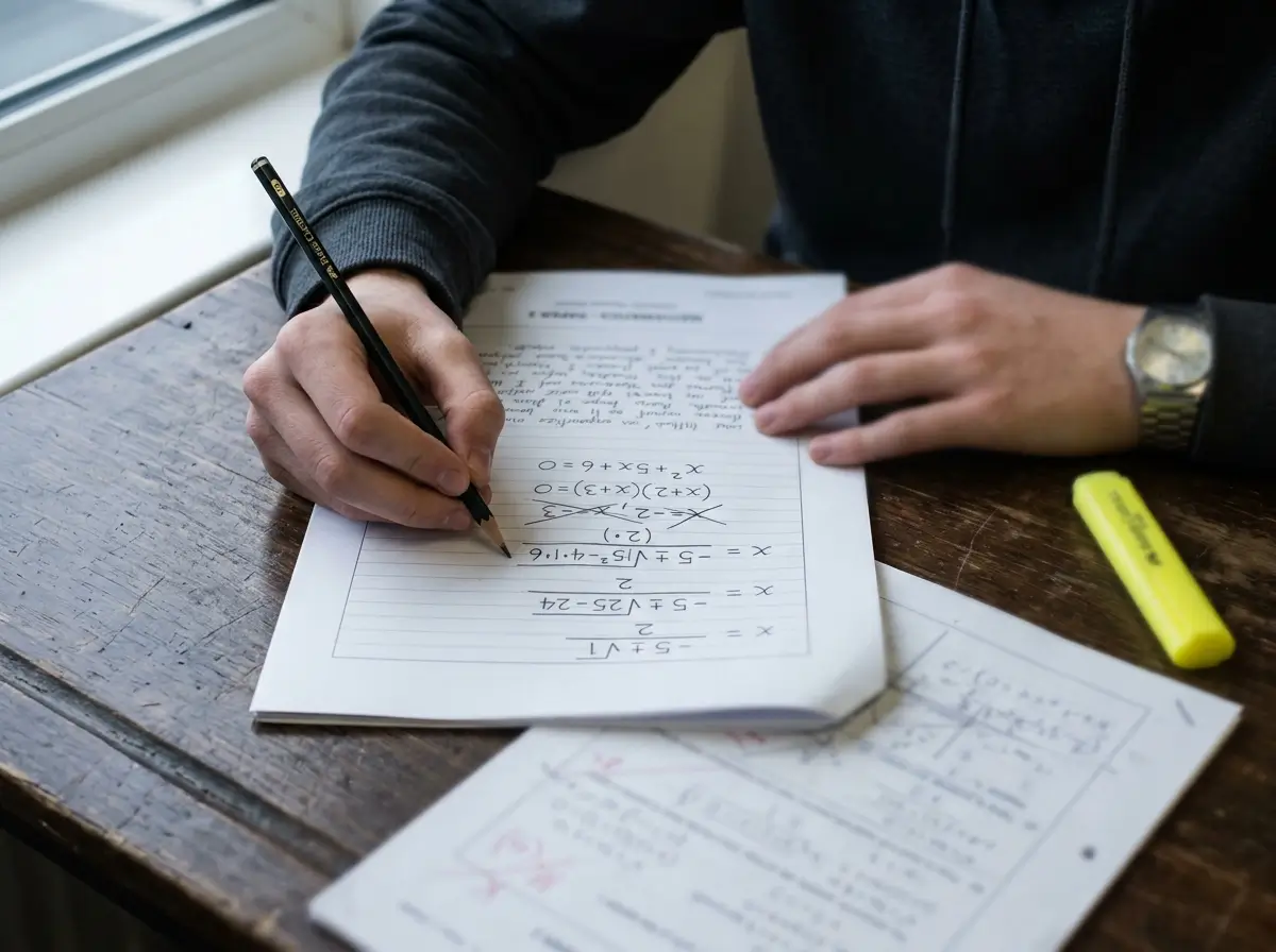 An A-Level student working through a past paper under timed conditions, a part-finished calculation crossed out and restarted