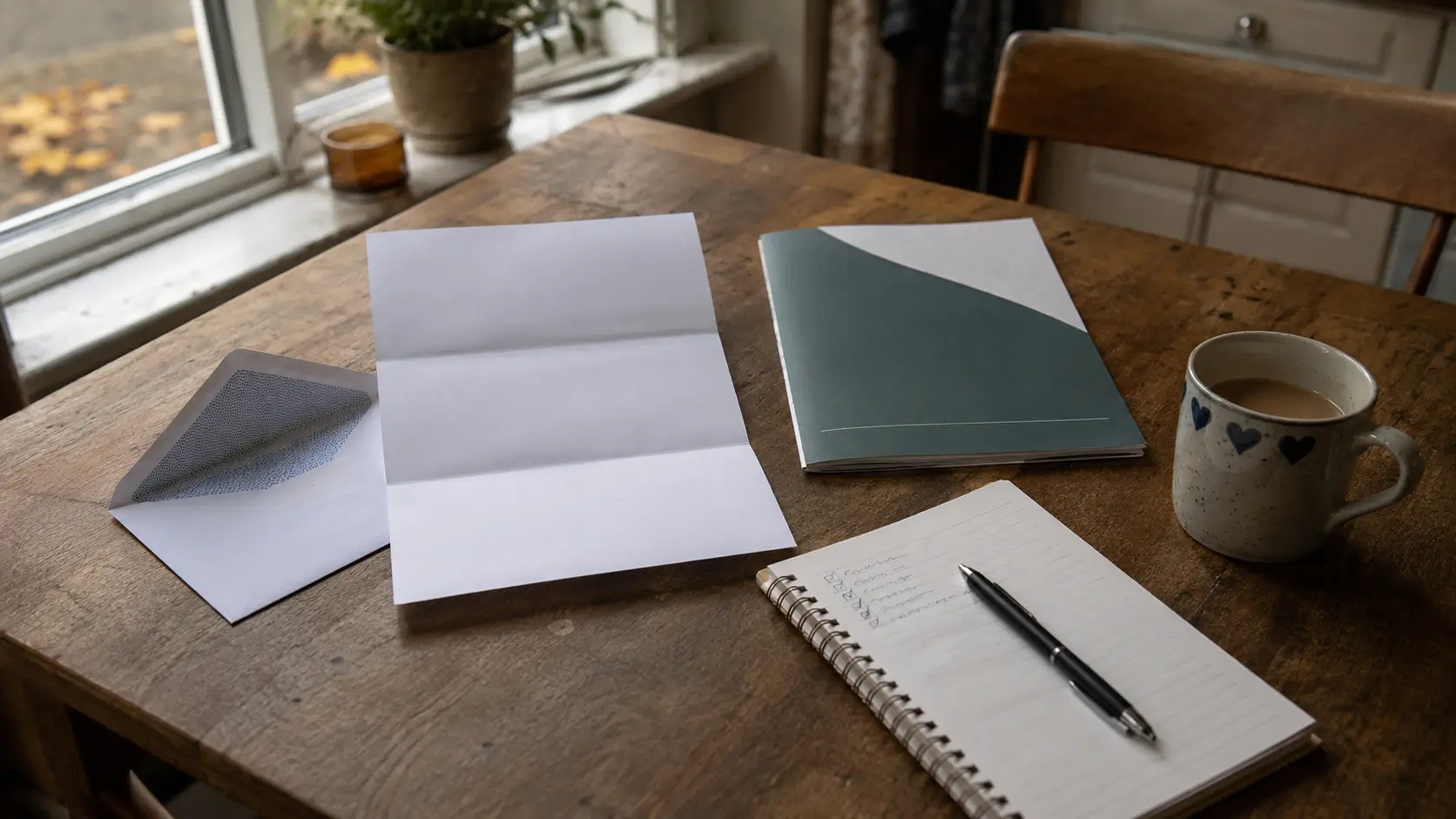 A kitchen table in October with an opened letter and envelope, a school admissions booklet and a parent's notepad