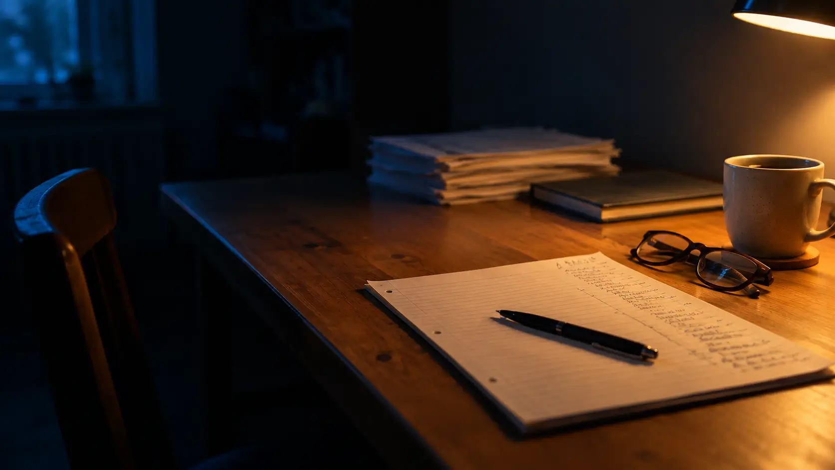 A tutor's desk late at night under a single warm lamp — handwritten notes with a pen laid across them, folded reading glasses, a mug of tea and a stack of past papers