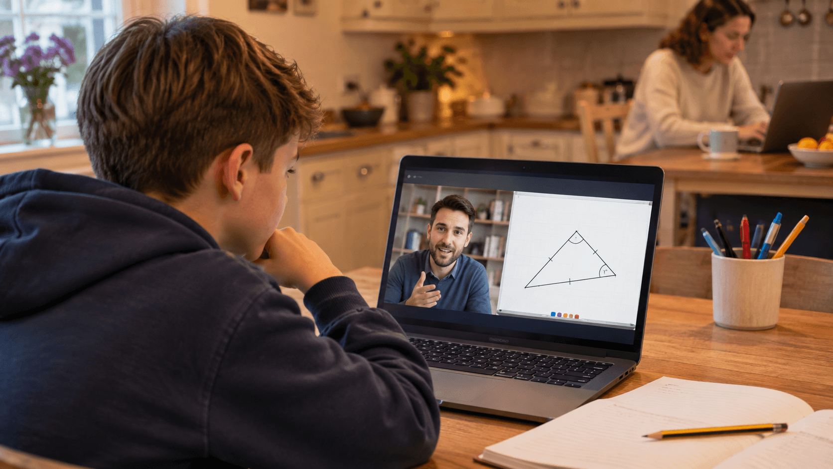 A child at a laptop in a family kitchen during a live one-to-one online lesson, with a parent working nearby