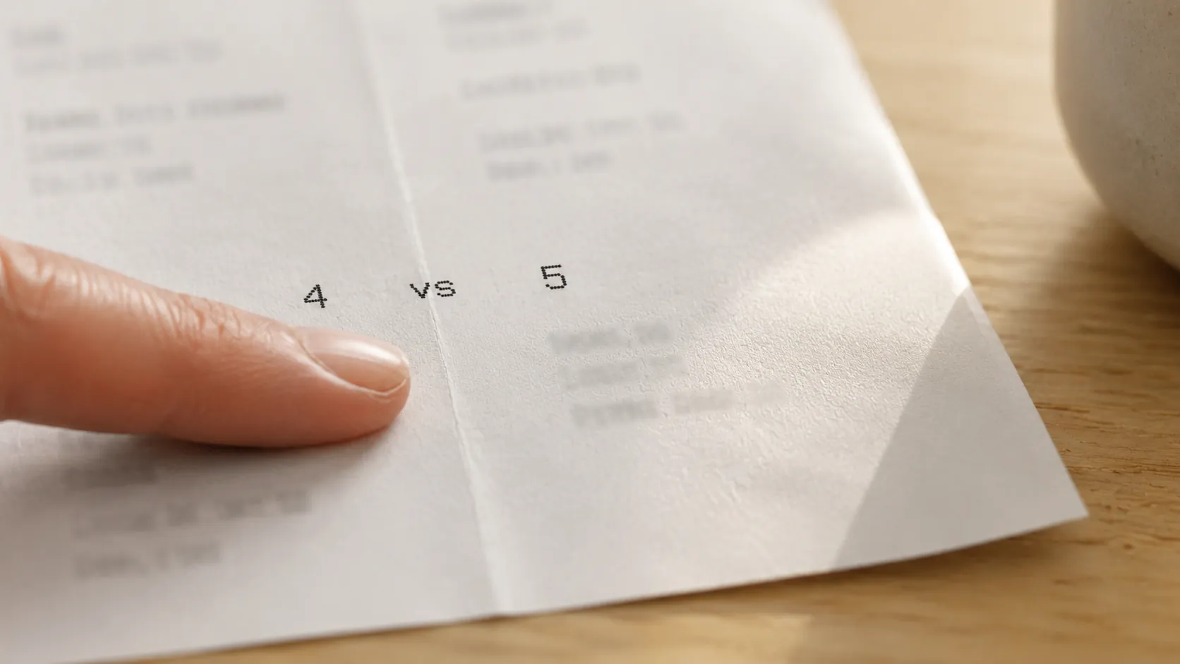 A results slip on a wooden table printed with the grades 4 and 5 side by side, a fingertip resting beside them
