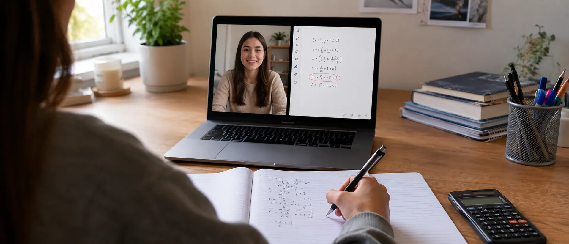 Over-the-shoulder view of a student writing the next step of a maths question in their exercise book while an online tutor and a shared whiteboard are open on the laptop in front of them