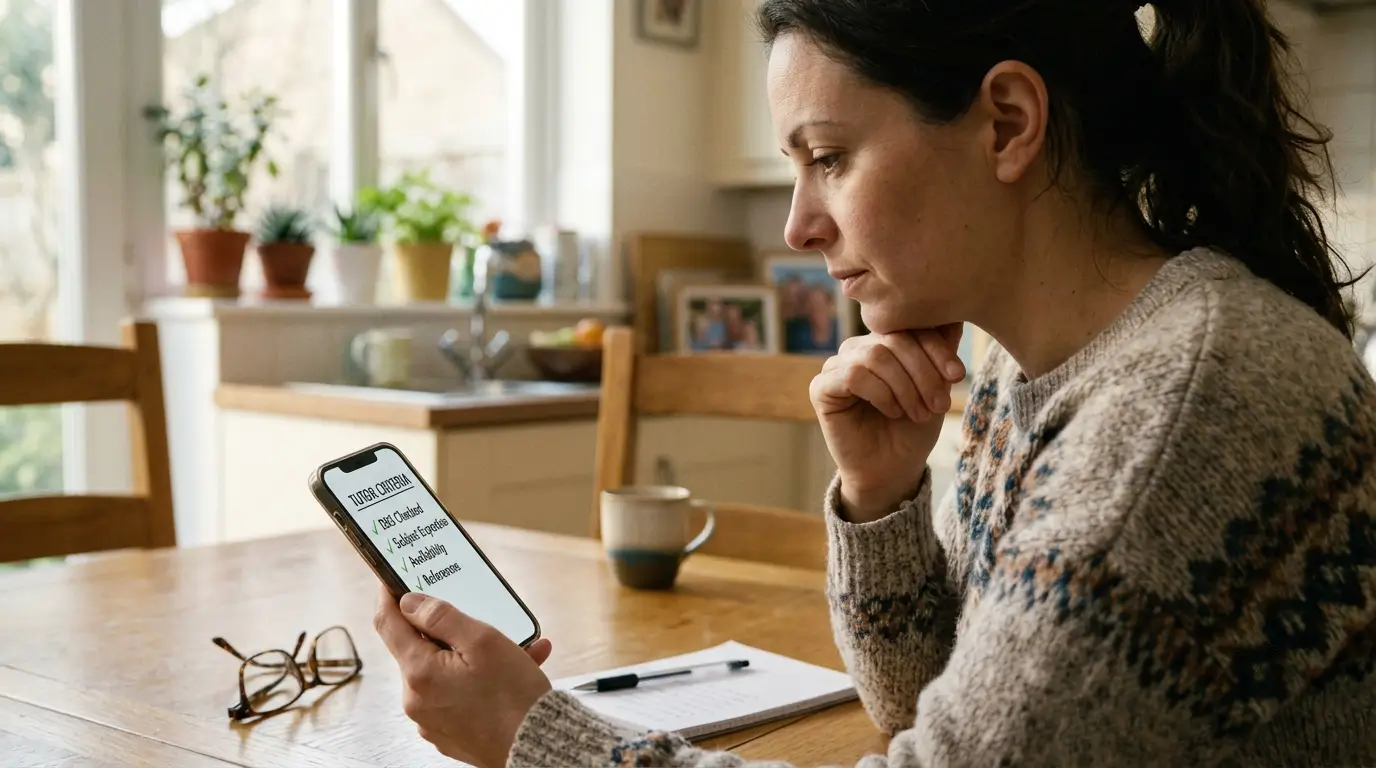A parent reading through a tutor's profile and checklist on a laptop before booking