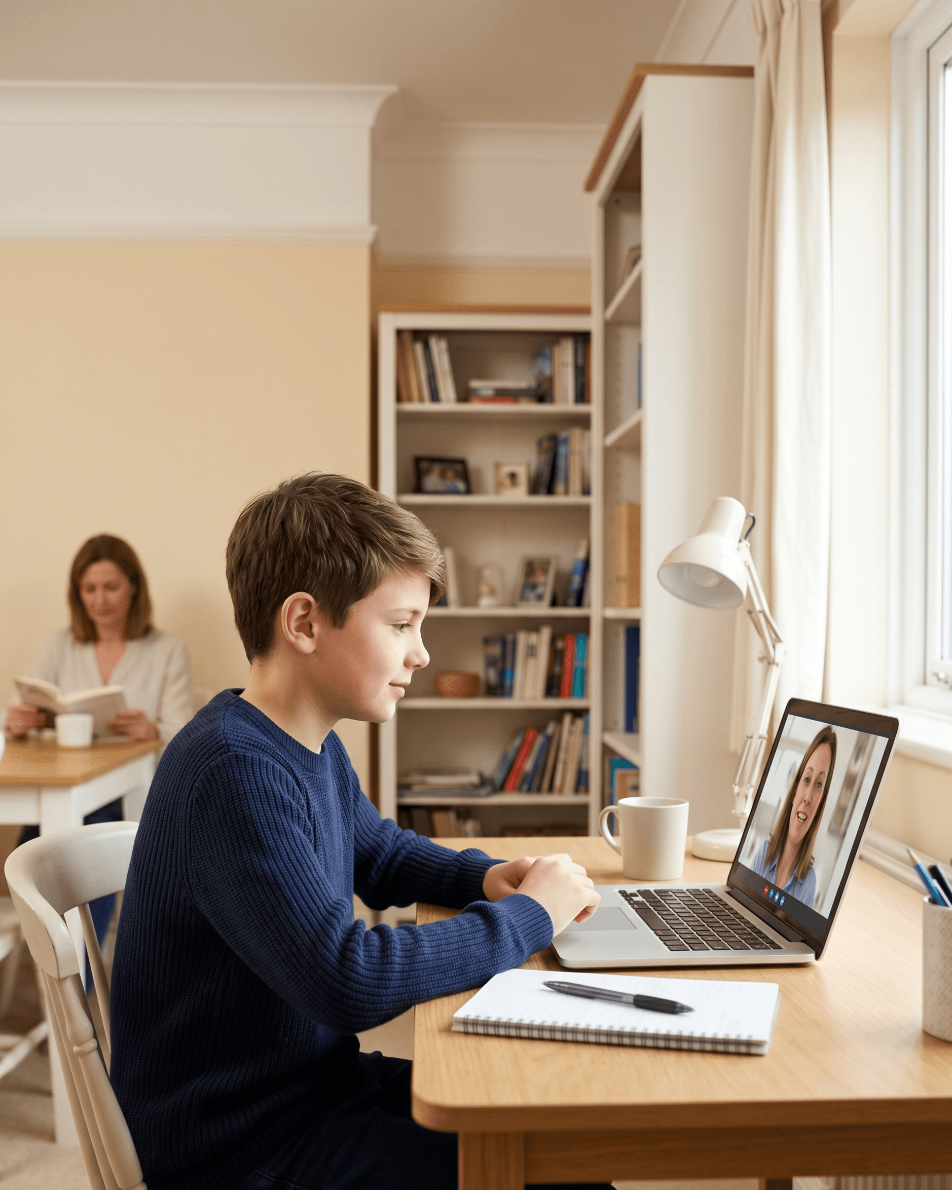 A parent and child at home, child sitting at a laptop during an online tutoring session, tutor visible on screen