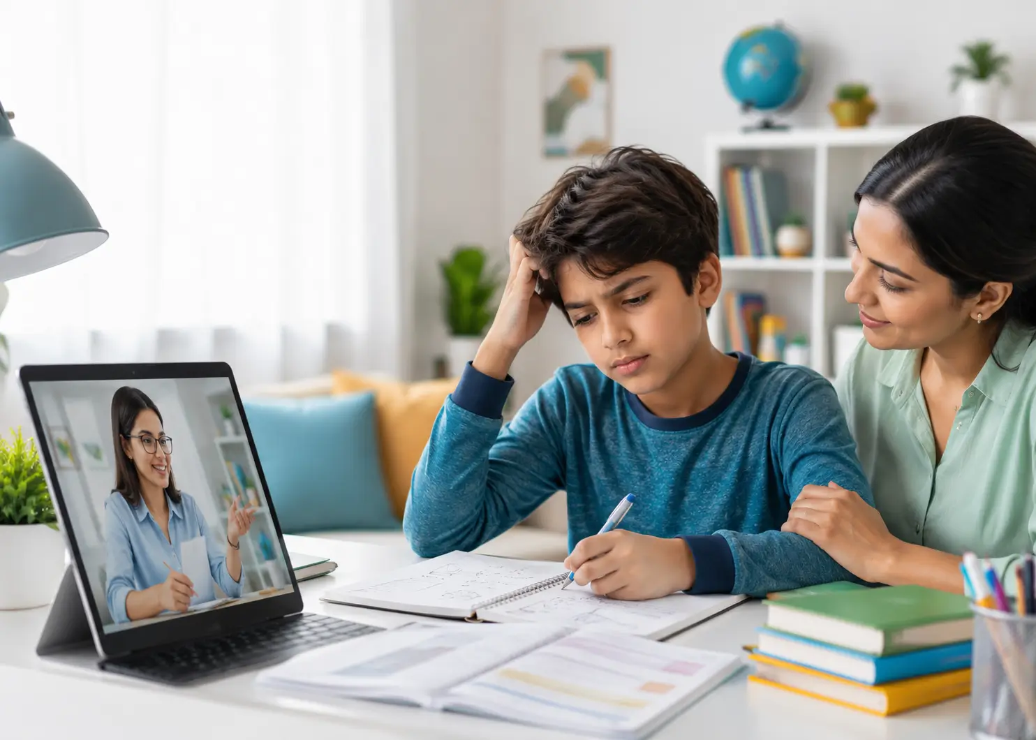 A secondary school student stuck mid-question on their homework at a desk, a parent sitting beside them, and an online tutor listening on the laptop screen