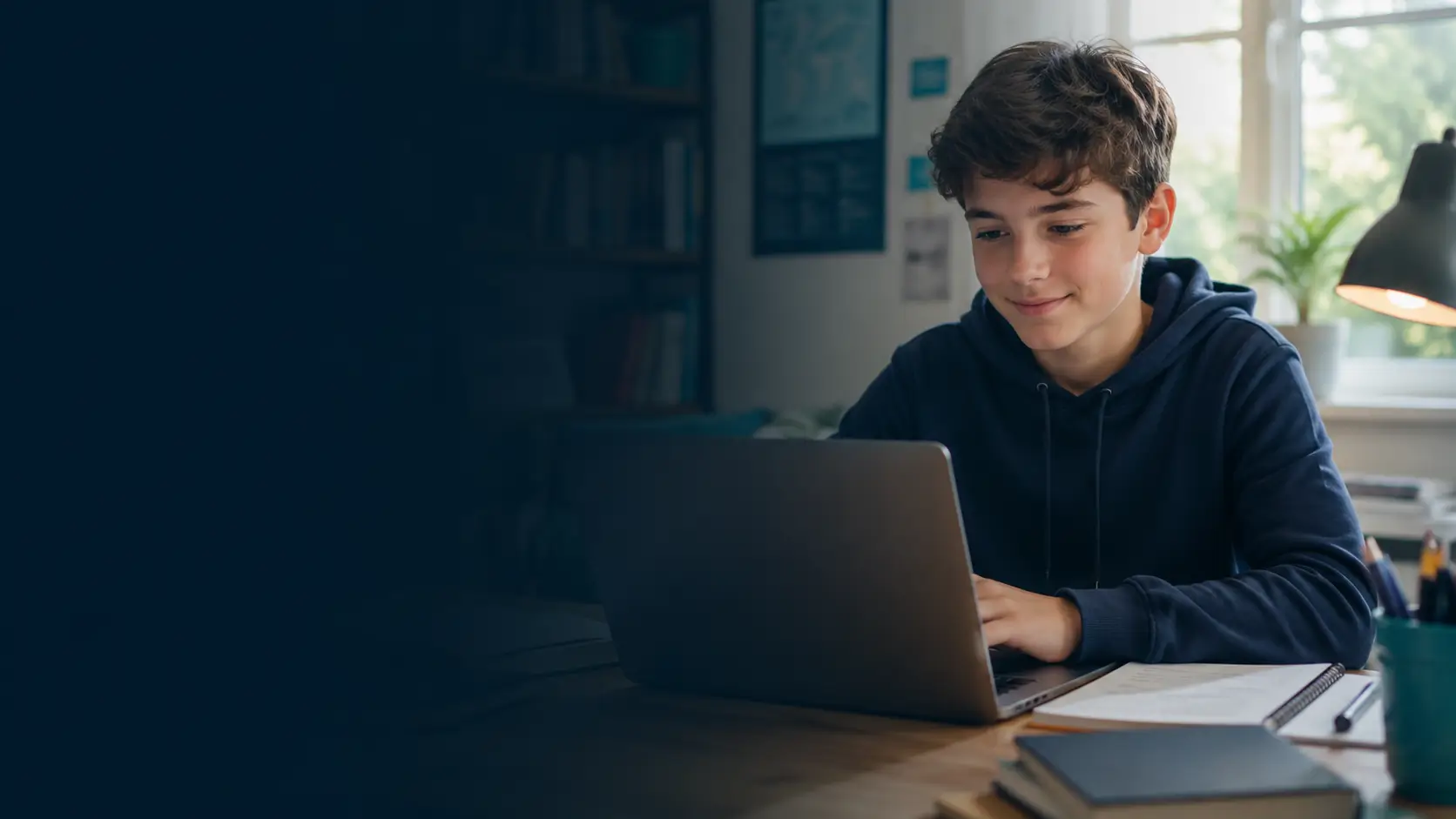 A confident UK secondary school student in Years 7–9 learning online with a dedicated tutor