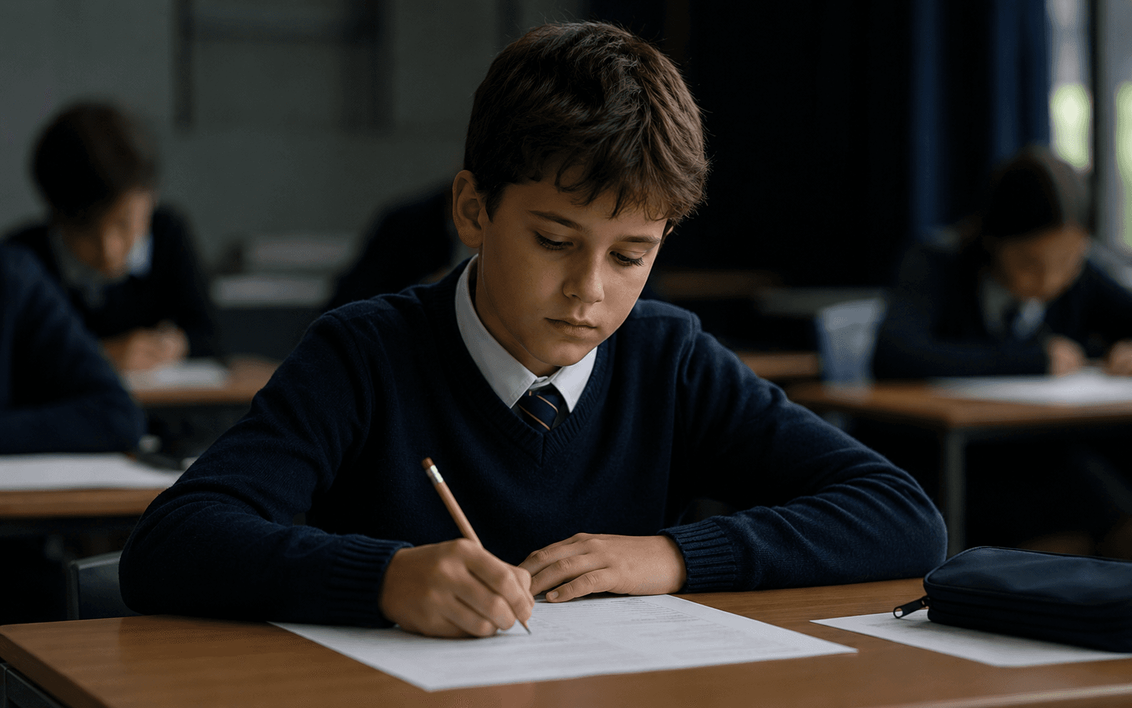 A UK student aged 10-11 sitting an entrance exam at a desk, calm and focused
