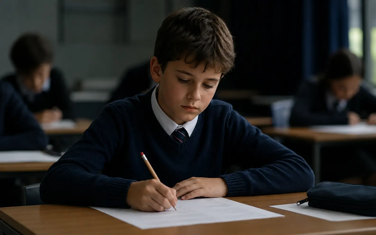 A UK student aged 10-11 sitting an entrance exam at a desk, calm and focused