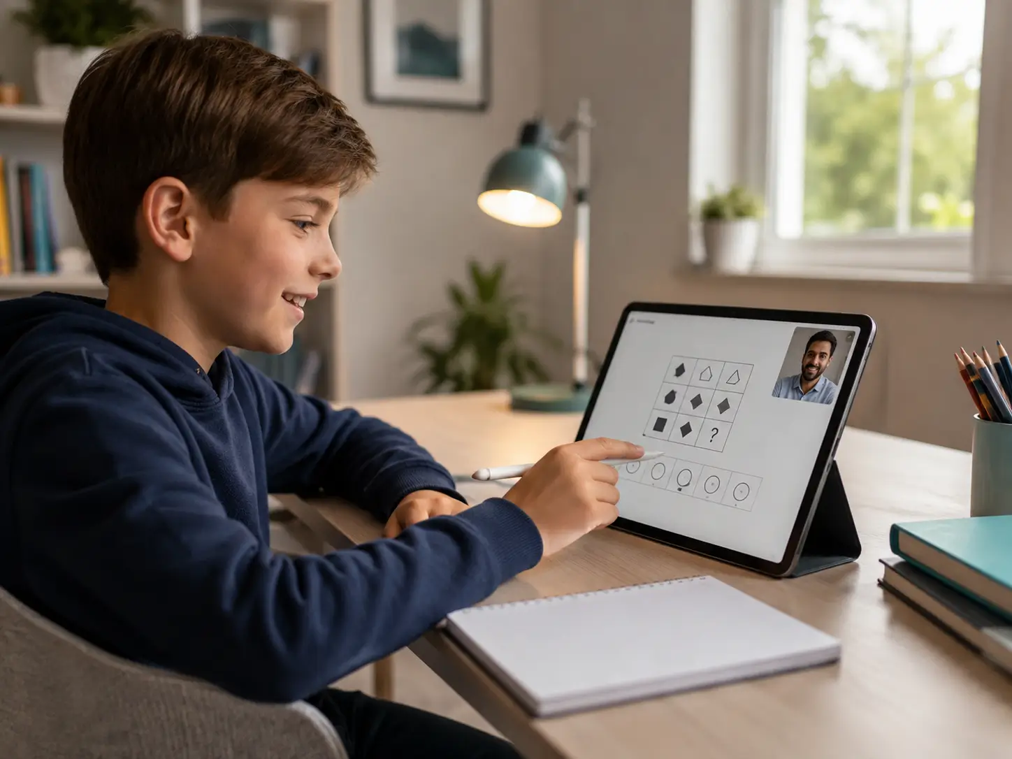 A Year 5 child working through non-verbal reasoning practice questions at home