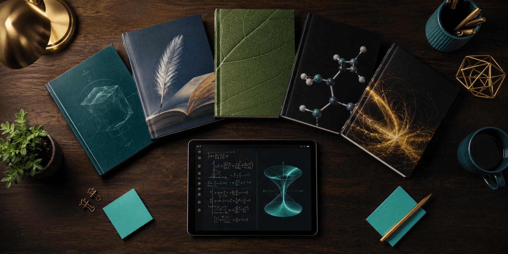 Five academic subject books arranged in an arc on a dark wooden desk with a tablet