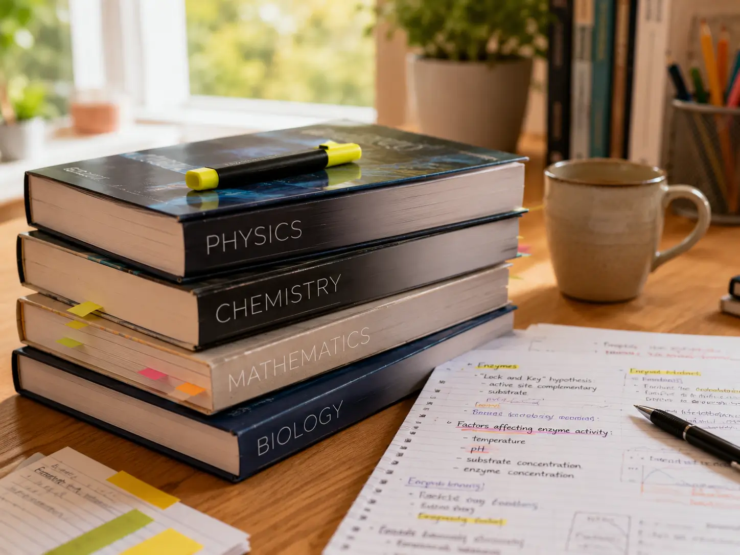 A stack of thick A-Level textbooks with a highlighter and handwritten notes