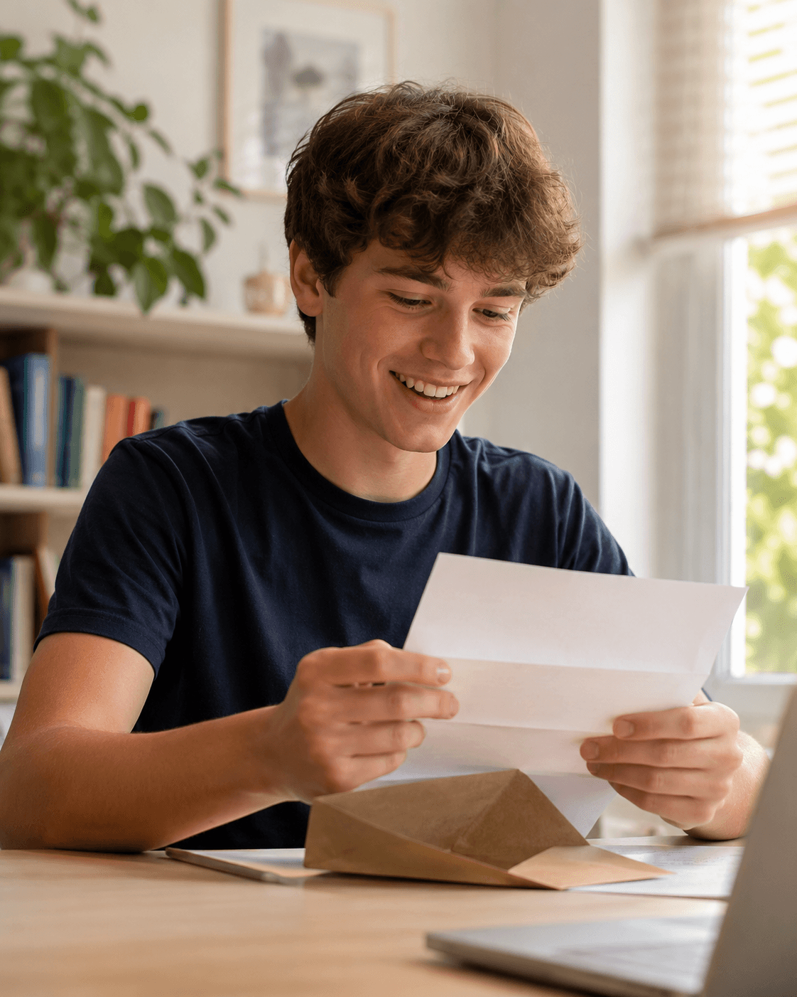 A confident UK sixth form student receiving a university offer letter