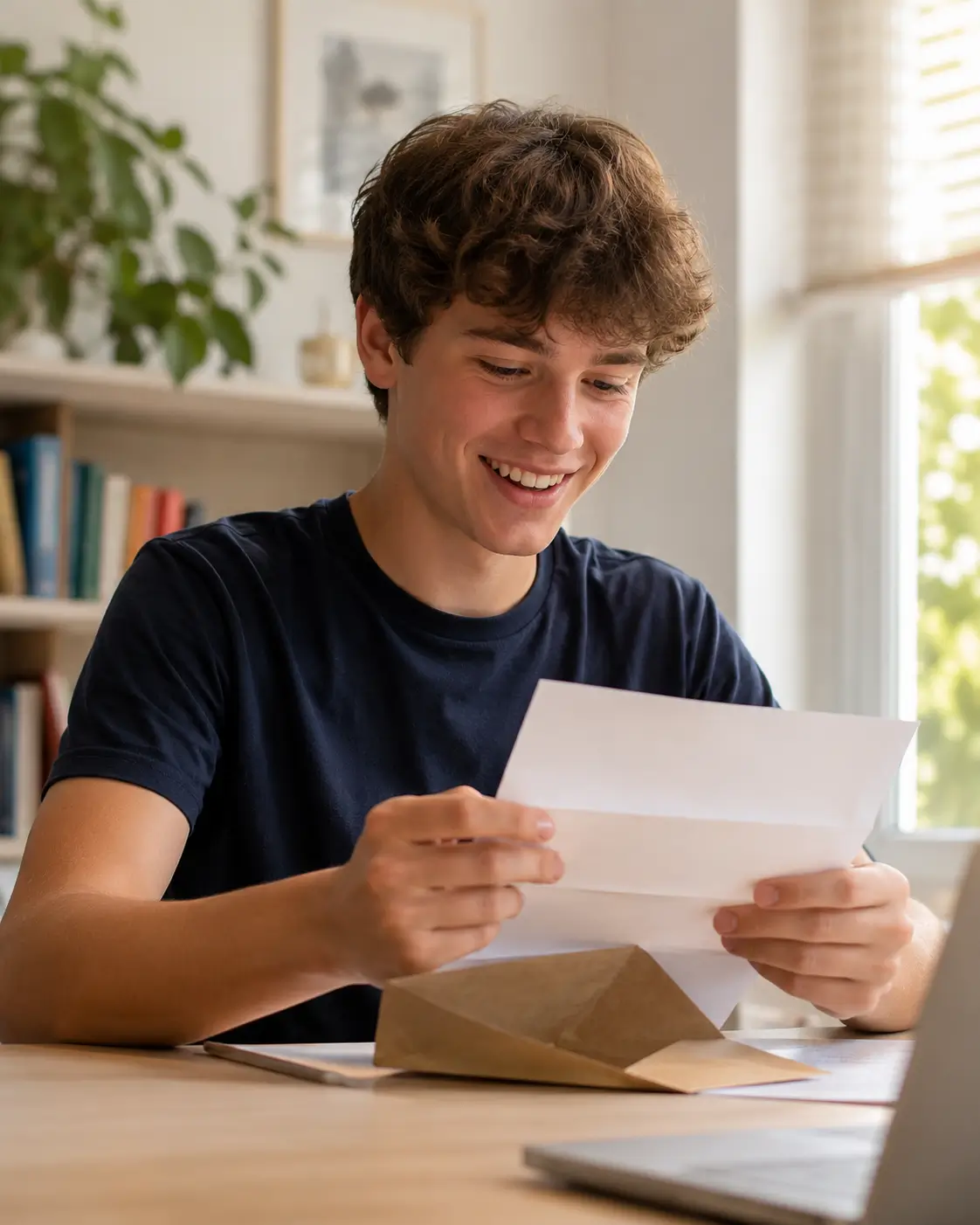 A confident UK sixth form student receiving a university offer letter
