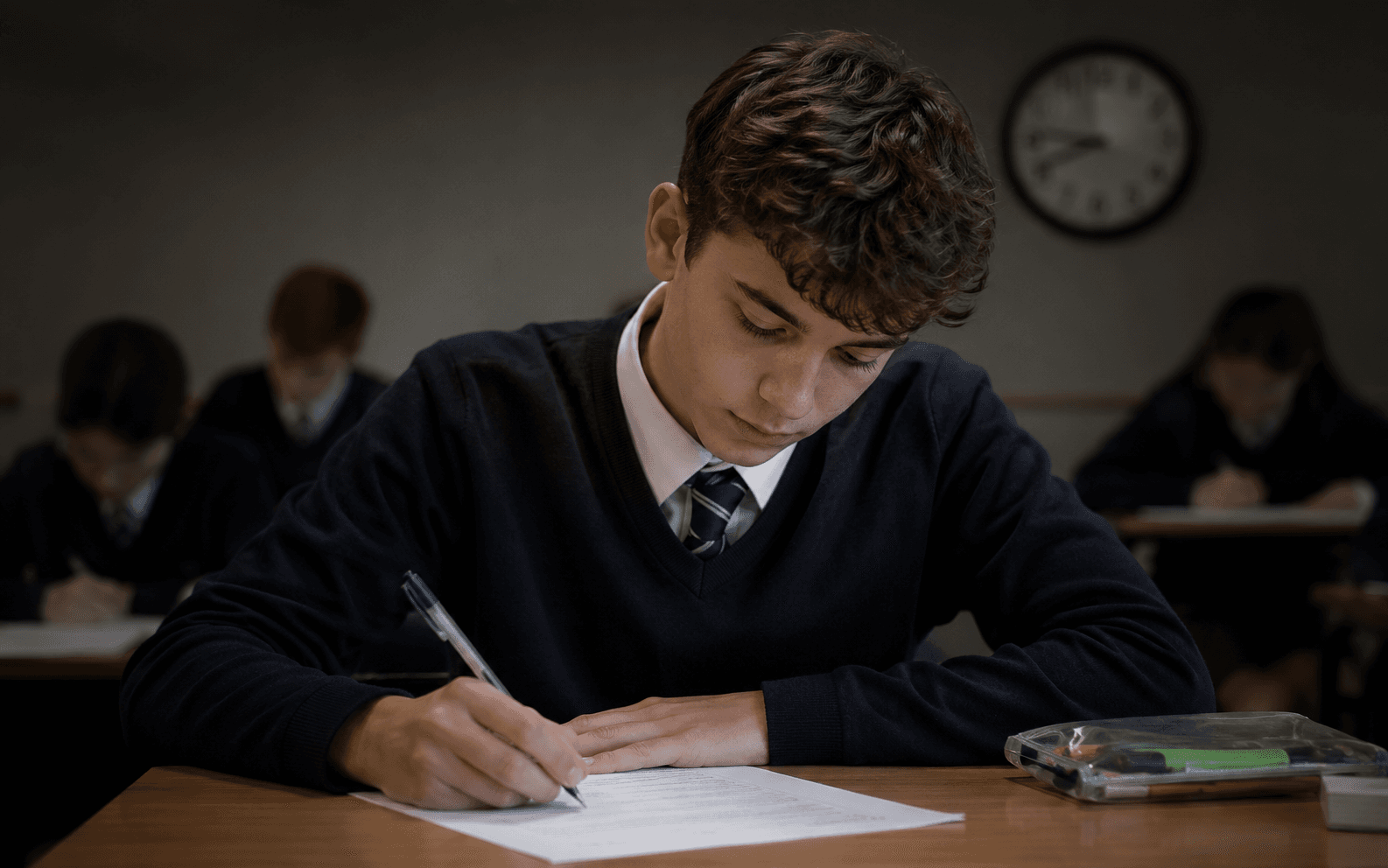 A UK student sitting a mock exam at a desk, focused and calm