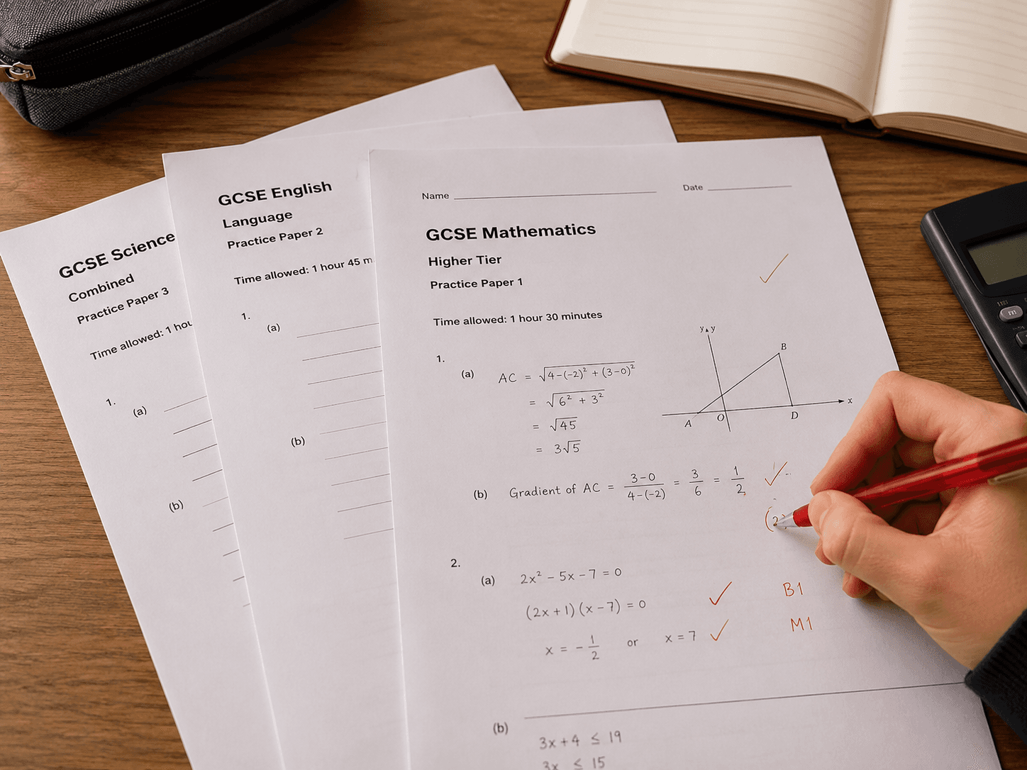 Three stacked GCSE past papers on a desk with a red pen marking corrections