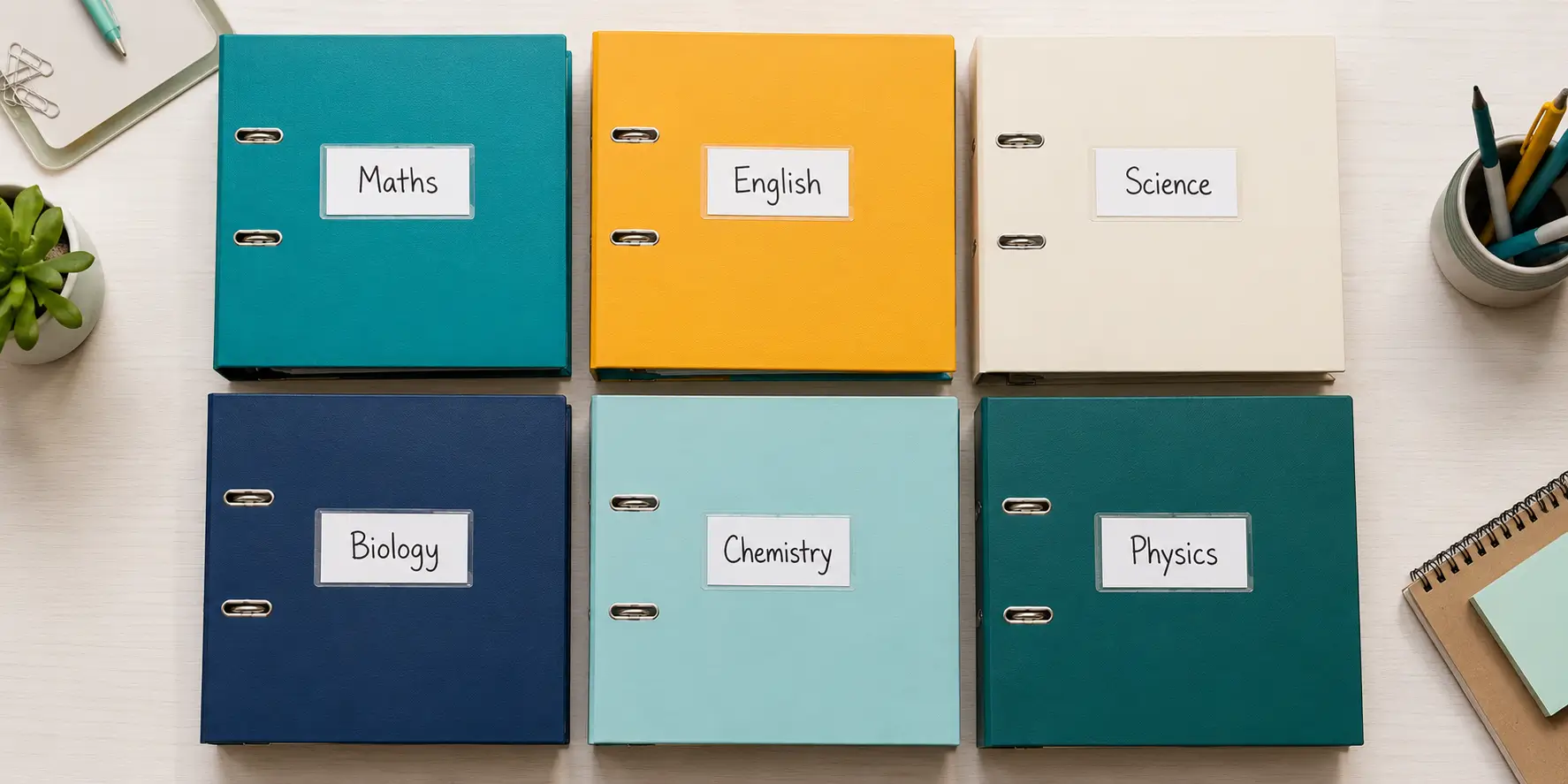 GCSE subject folders and revision materials organised on a desk