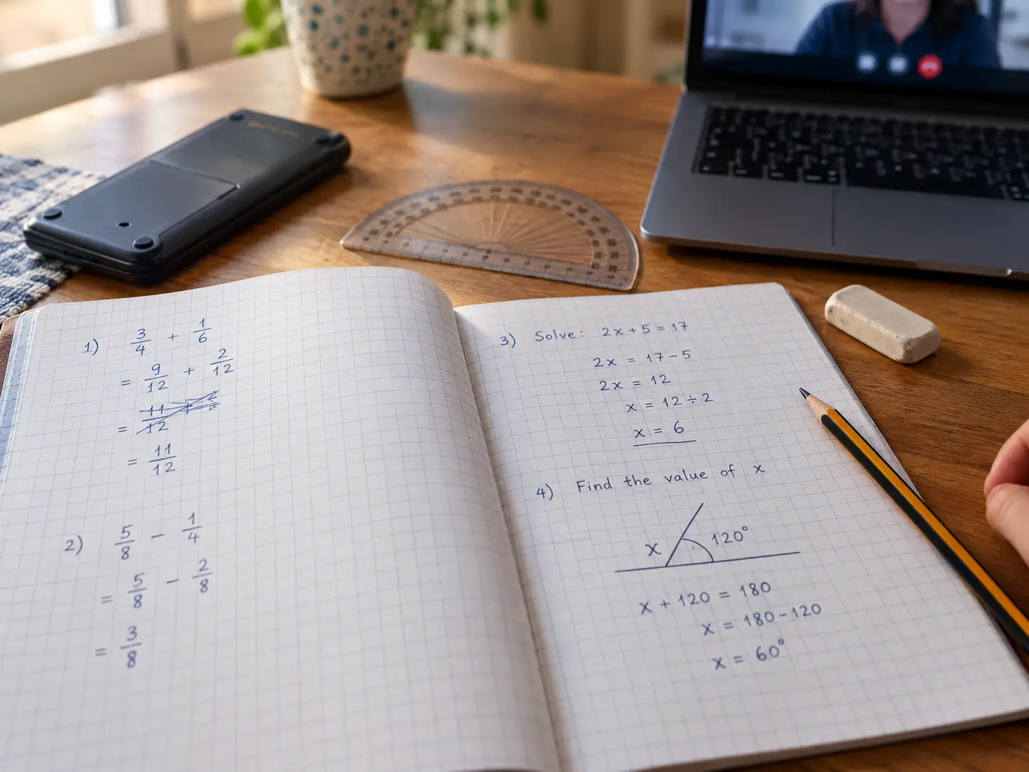 A KS3 maths exercise book open on squared paper: fraction working with one crossed-out line corrected beneath it, a solved linear equation and an angle question, beside a protractor, a face-down calculator and a laptop on a video call