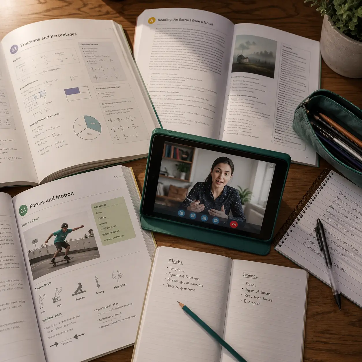 A KS3 desk mid-lesson: a science textbook open at forces and motion beside a maths textbook, a tablet showing an online tutor, and lesson notes headed Maths and Science