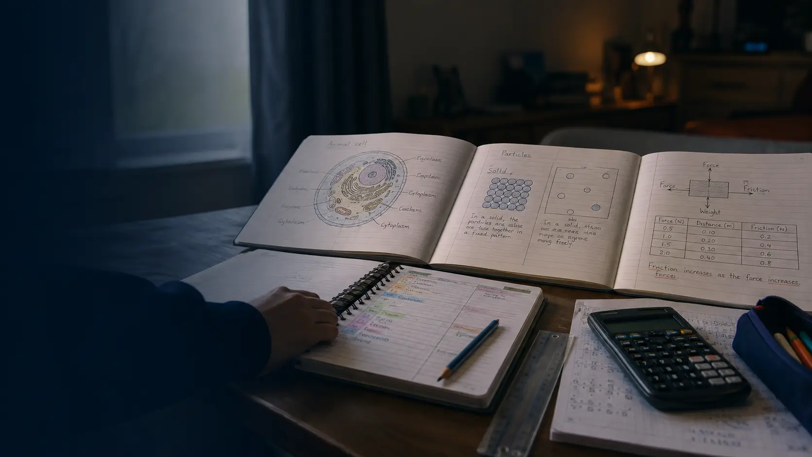 A Year 8 desk at dusk: an exercise book open across an animal cell diagram, a particle diagram and a forces table, with a calculator and a homework planner beside it