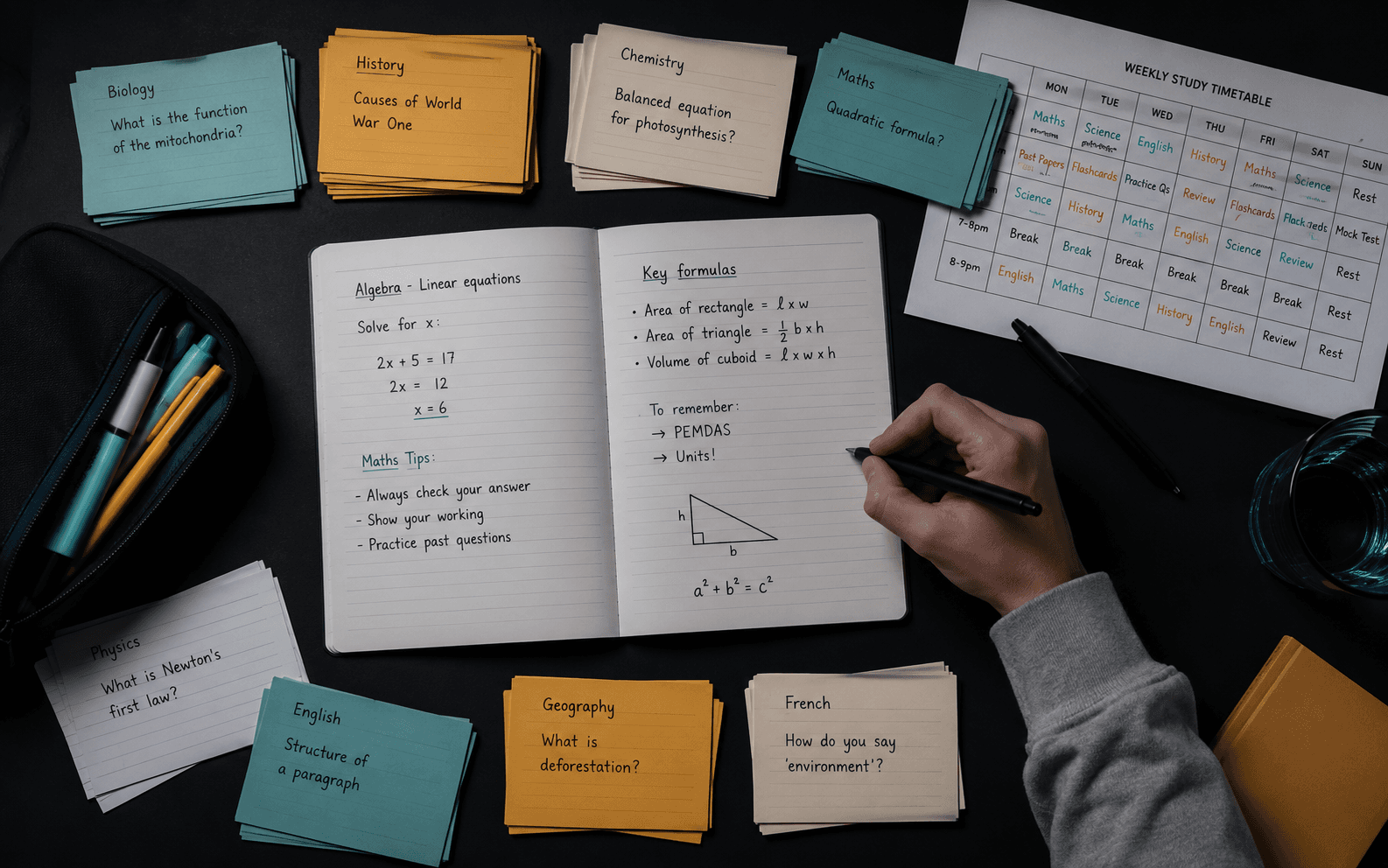 A student writing in a notebook with colour-coded flashcards and a study timetable