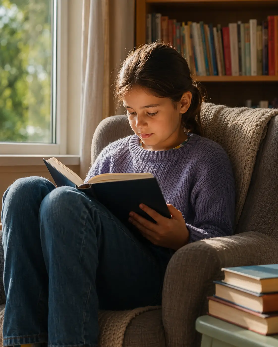 A Year 5 child reading at home, building the vocabulary that six of the 21 verbal reasoning question types reward