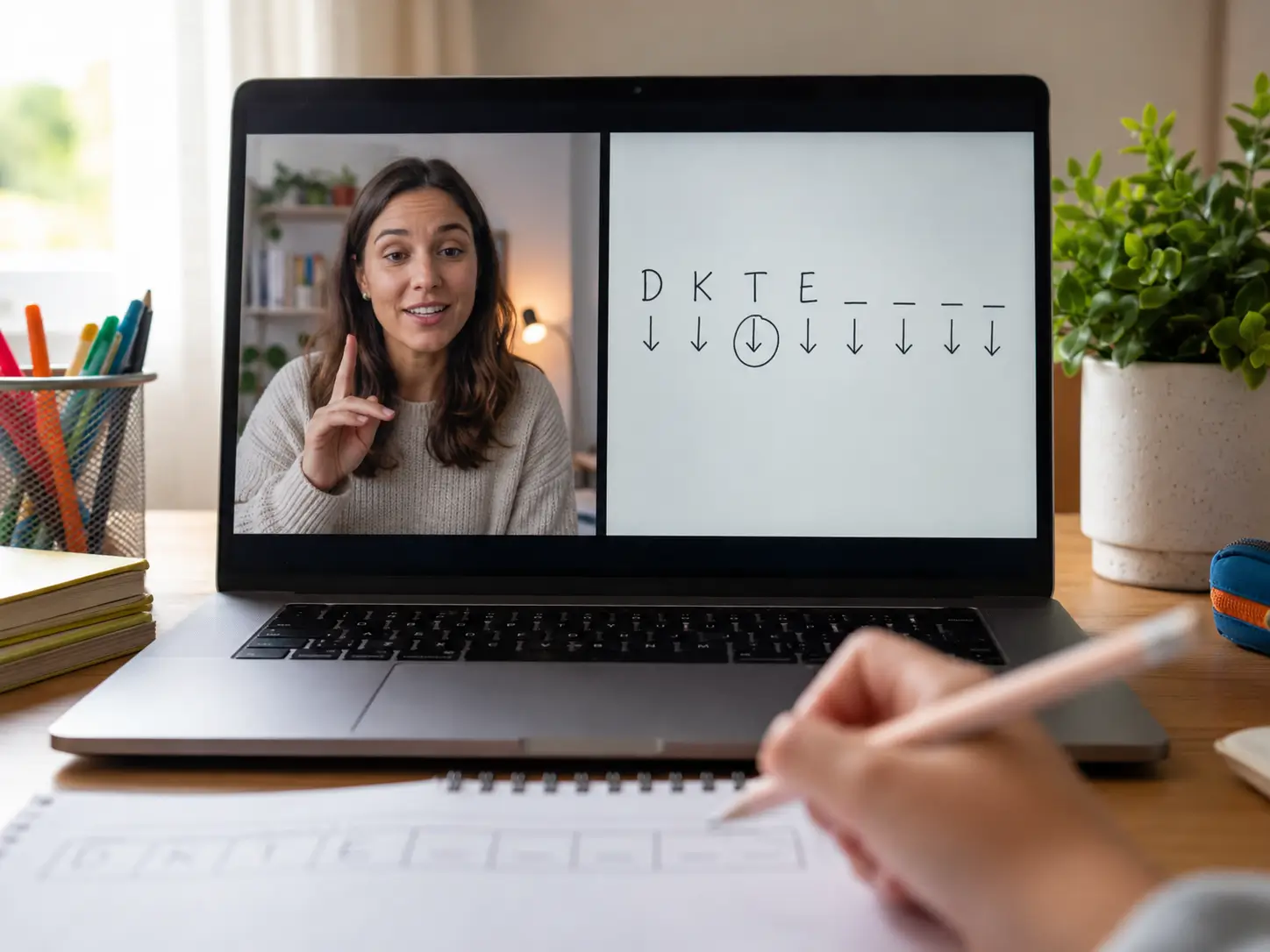 A tutor and a Year 5 child working through a verbal reasoning letter-code question together on a video call