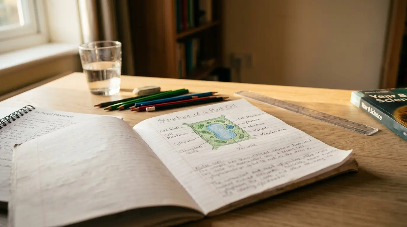 A Year 8 science exercise book open at a hand-drawn labelled plant cell diagram, coloured pencils and a school planner on the desk beside it
