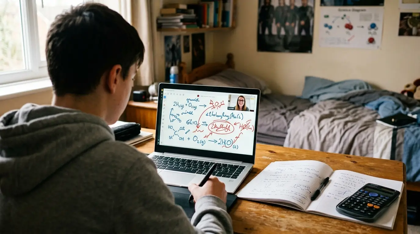 A secondary school student in a one-to-one online science lesson, following the tutor's annotated equations on a shared whiteboard