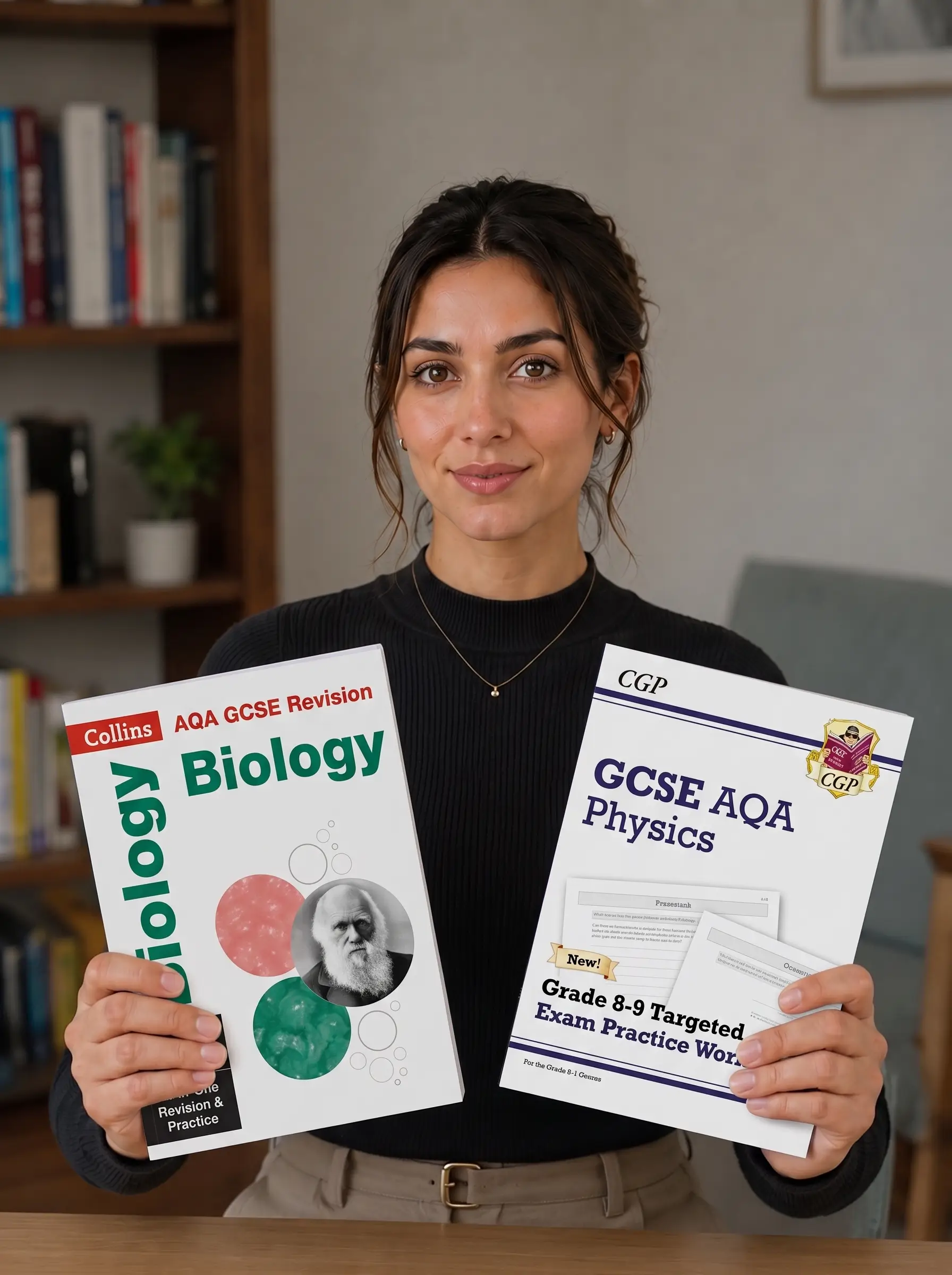 A science tutor holding AQA GCSE Biology and AQA GCSE Physics revision guides, the two strands examined alongside Chemistry in Combined Science