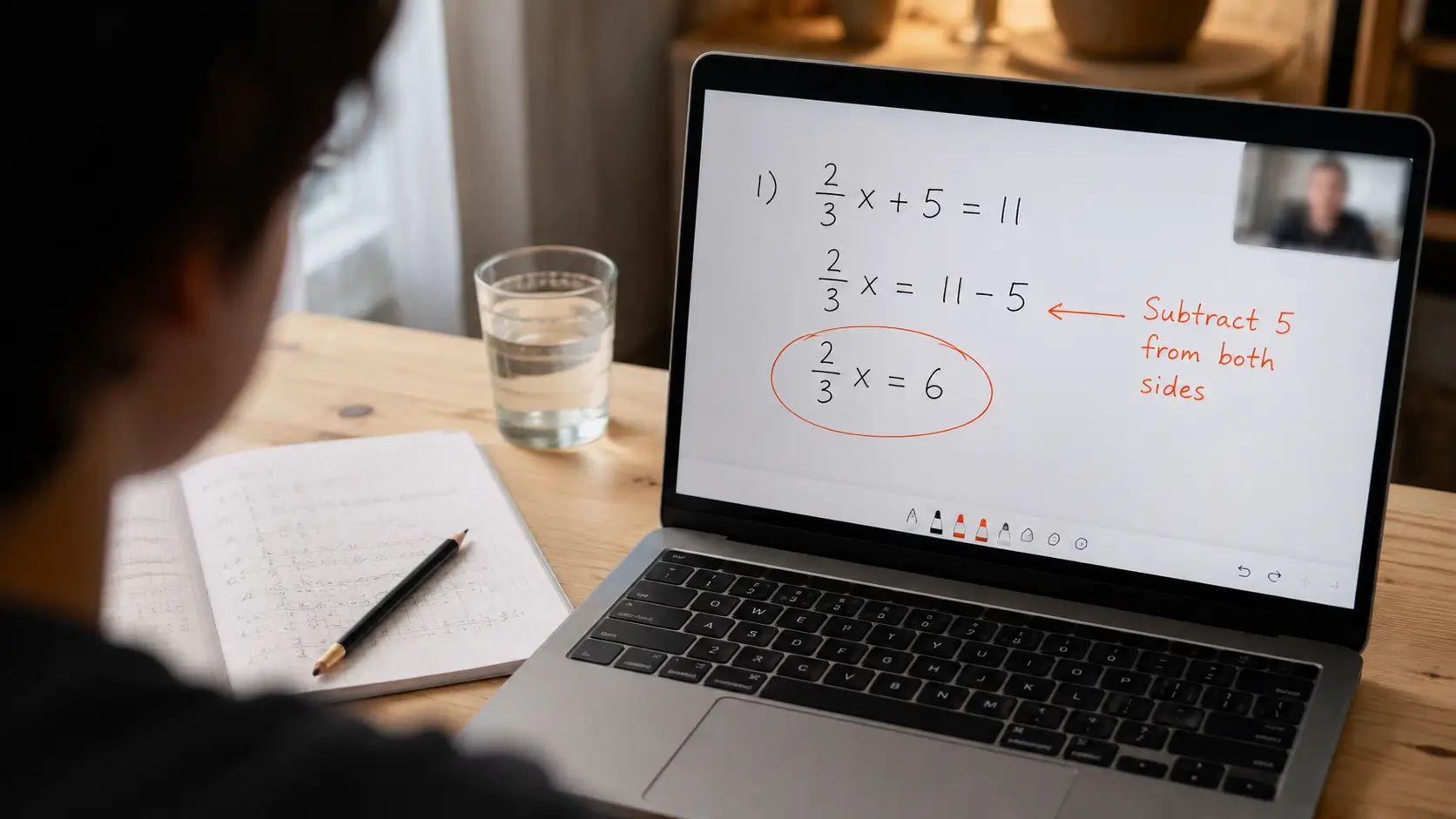 An over-the-shoulder view of a laptop showing a shared whiteboard mid-solution, the student's exercise book open beside it