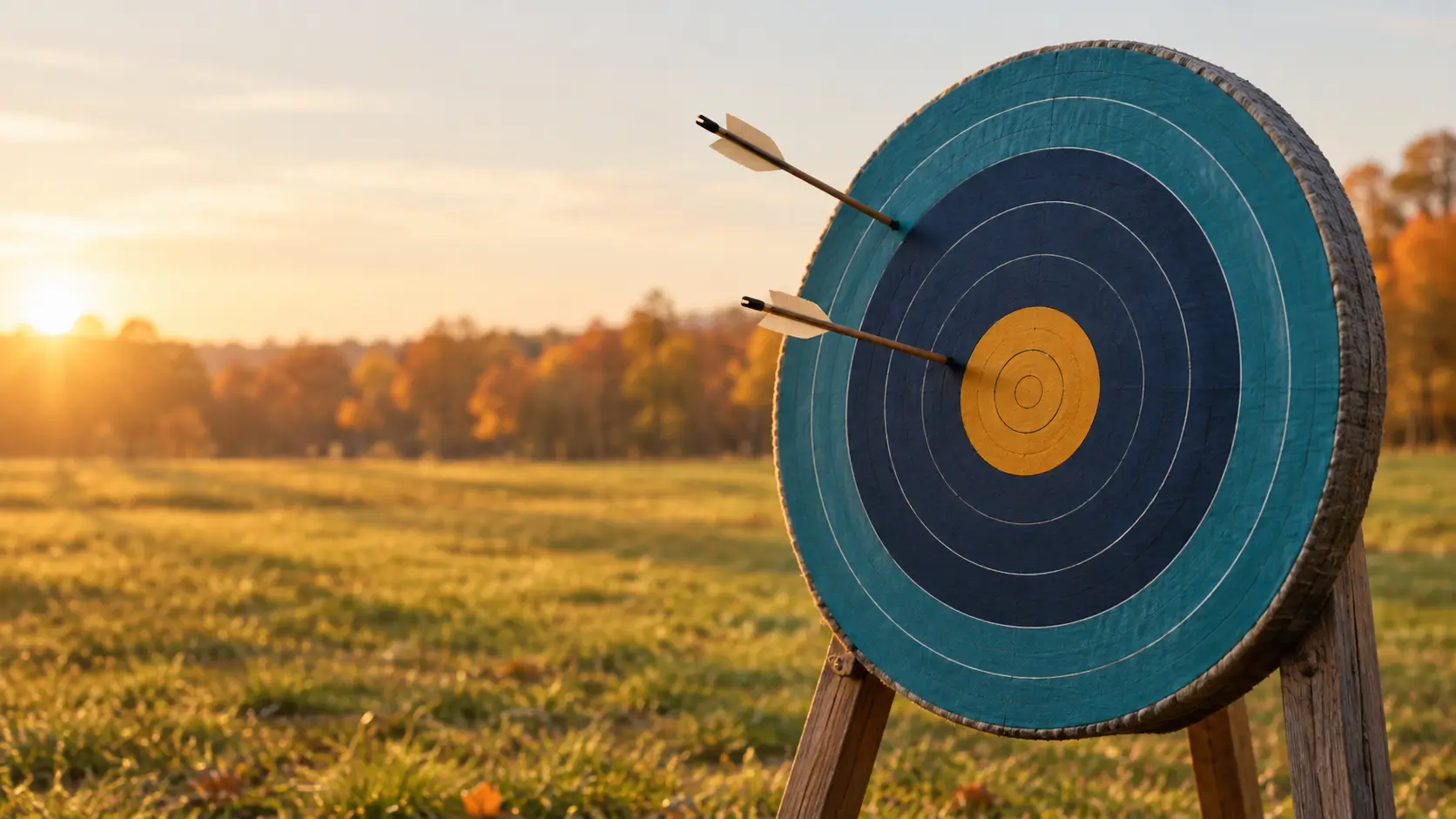 An archery target with teal and navy rings and an amber centre on a wooden stand in an autumn field at sunset, with one arrow in the outer ring and a second just reaching the edge of the amber centre