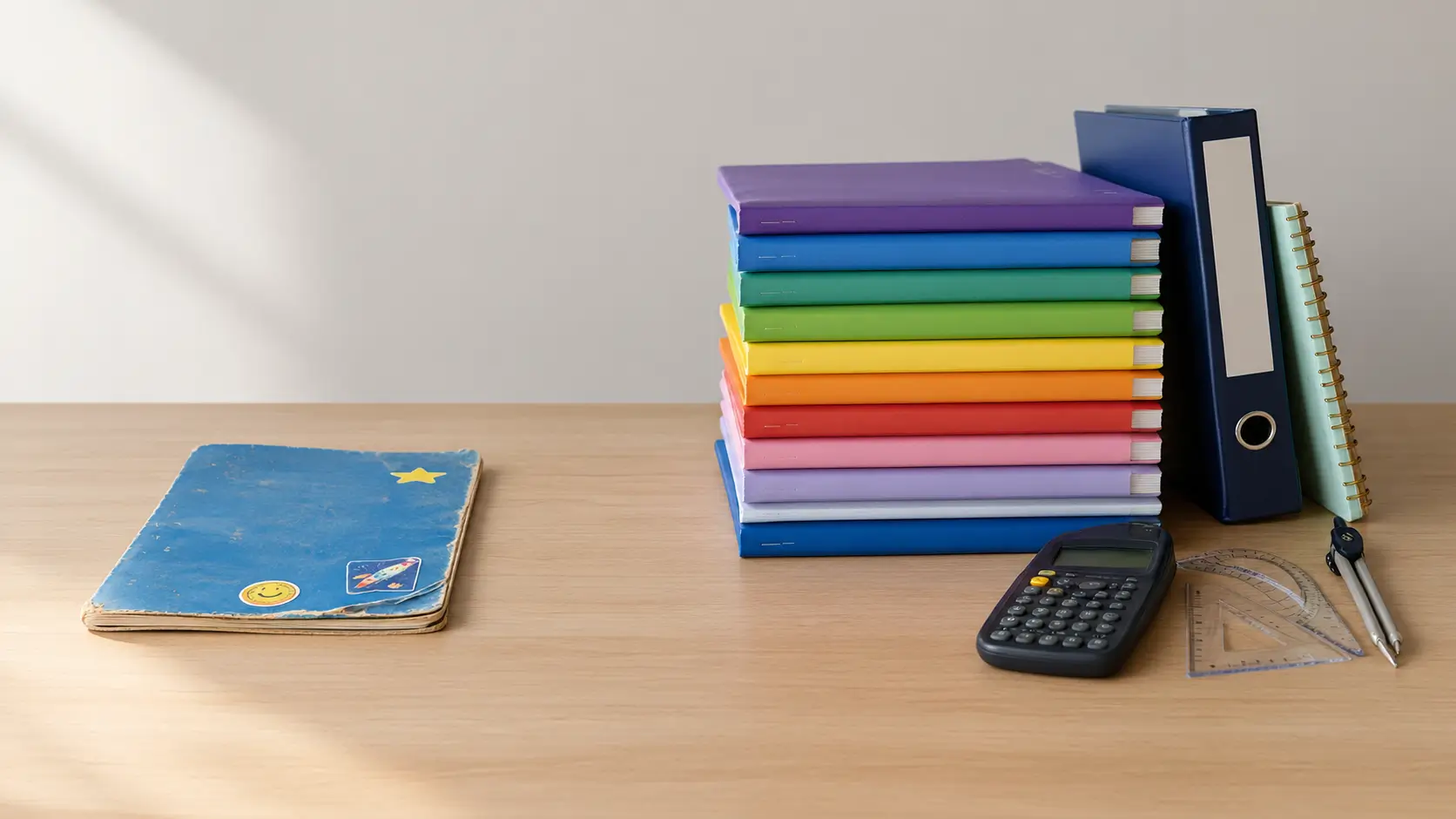 A worn, sticker-covered primary school exercise book on one side of a desk and a stack of eleven colour-coded secondary school books, a ring binder, a calculator and geometry tools on the other