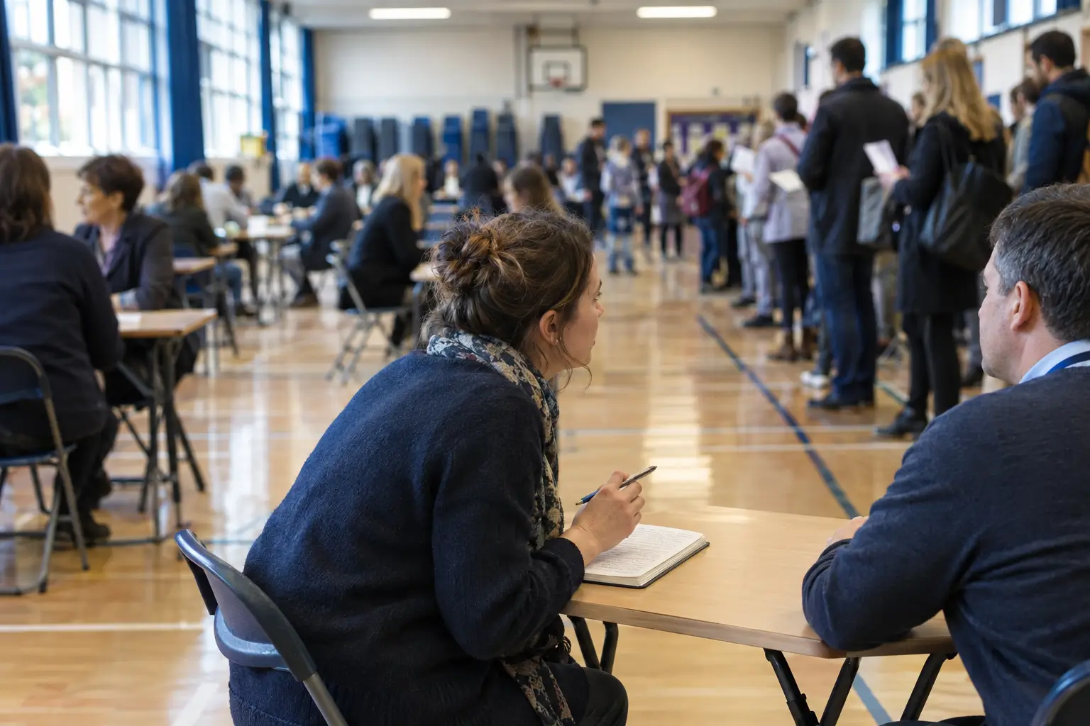 A parent at a school parents' evening sitting across a folding table from a teacher, pen in hand over an open notebook, with other parents queuing along the hall behind them