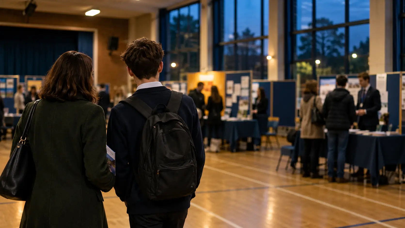 A parent holding a prospectus and a Year 11 student with a rucksack, seen from behind, walk across a sports hall at a sixth form open evening towards subject stalls with display boards, where staff talk to other families under the lights as dusk falls outside tall windows