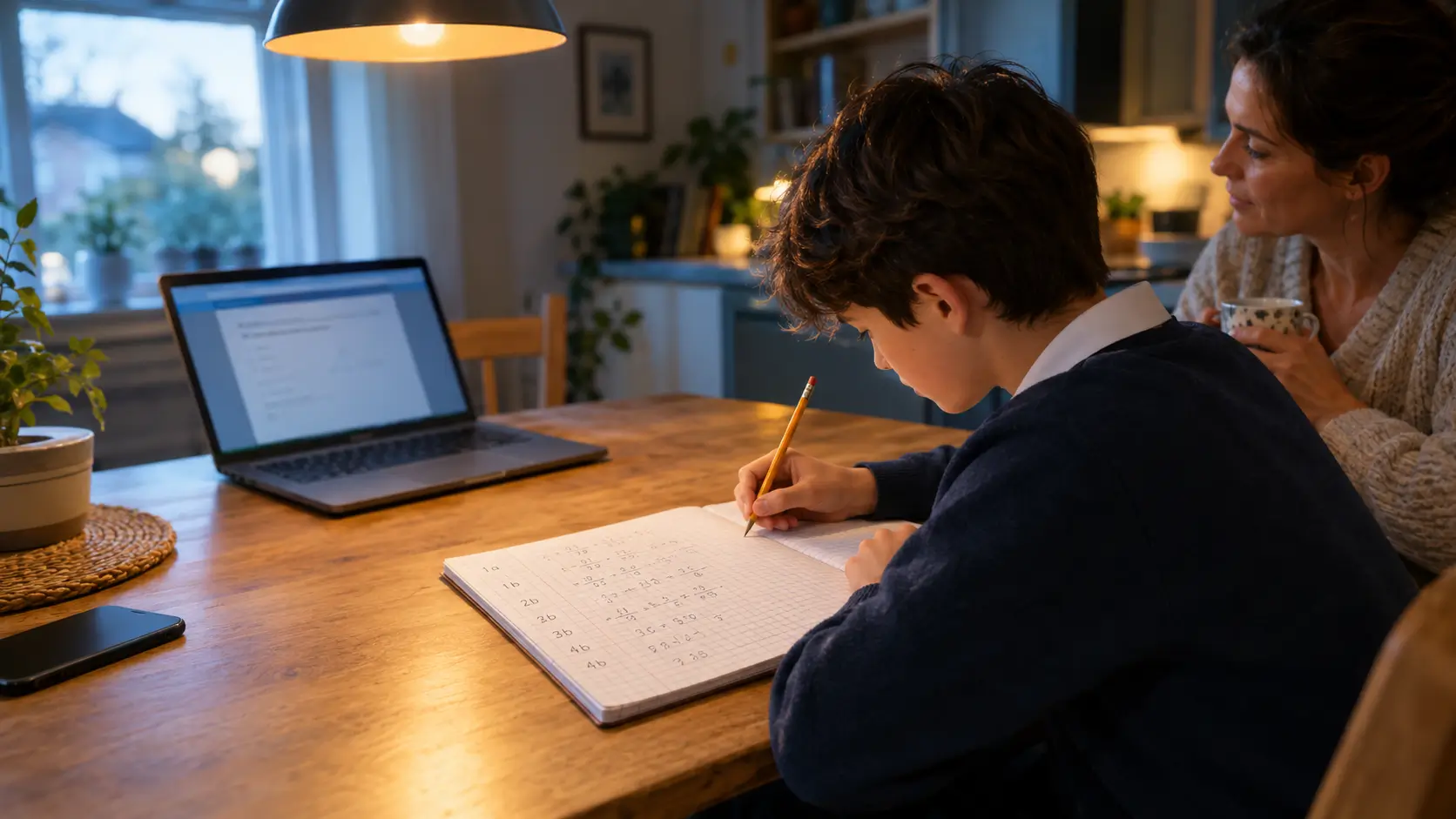 A secondary school student in a school jumper writes maths working in a squared exercise book, with question codes down the margin, at a kitchen table in the evening. A laptop sits to one side, a phone lies face down, and a parent with a mug watches from alongside